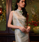 The Huā Collection Women Sleeveless Oriental Blouse in 韵 Cadence Jacquard Green - Umbi