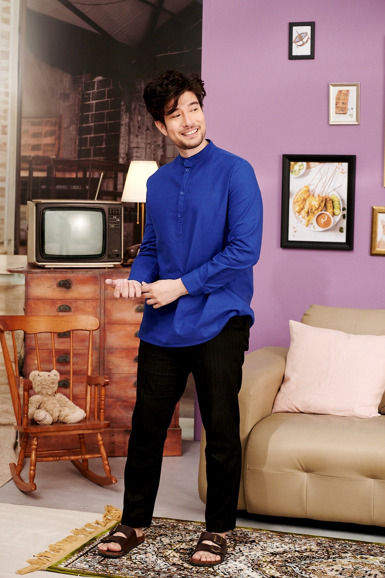The Kenangan Raya Men Collar Kurta Top Royal Blue - Umbi