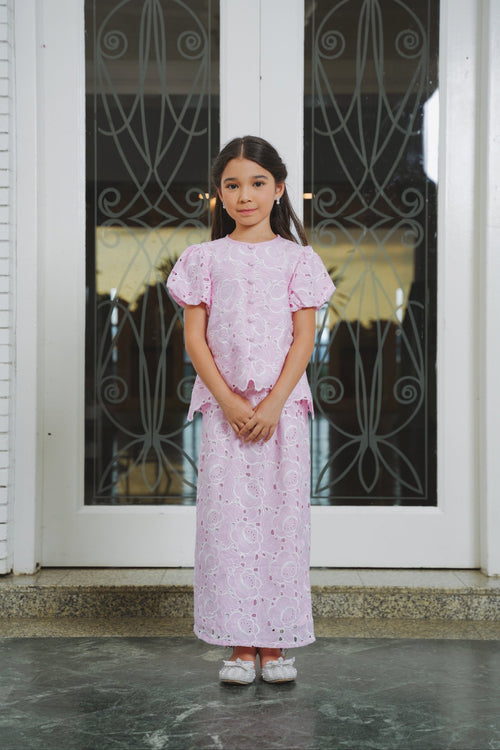 The Lumiere Collection Girl Amelia Kurung Set in Ballerina Pink Lace