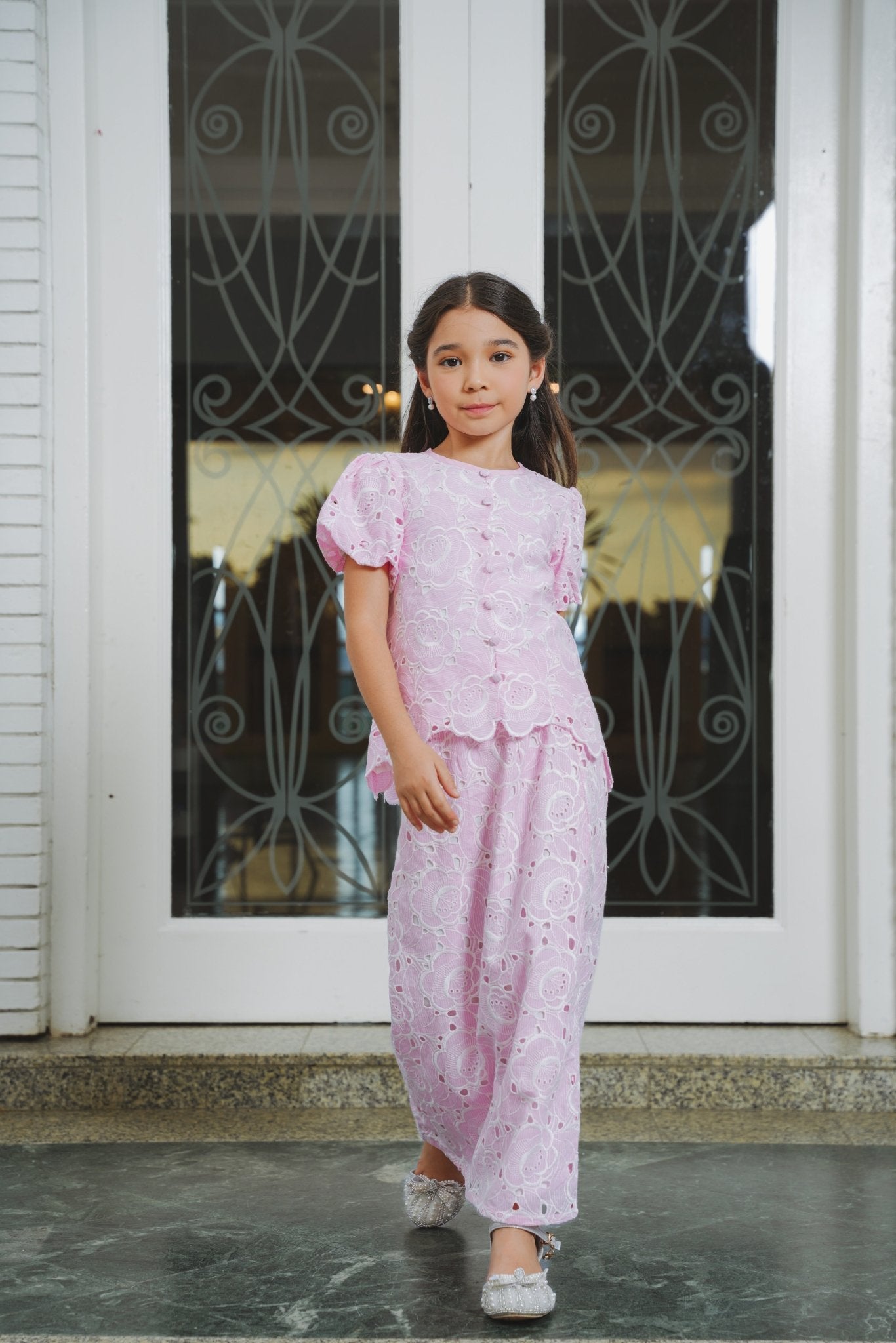 The Lumiere Collection Girl Amelia Kurung Set in Ballerina Pink Lace - Umbi