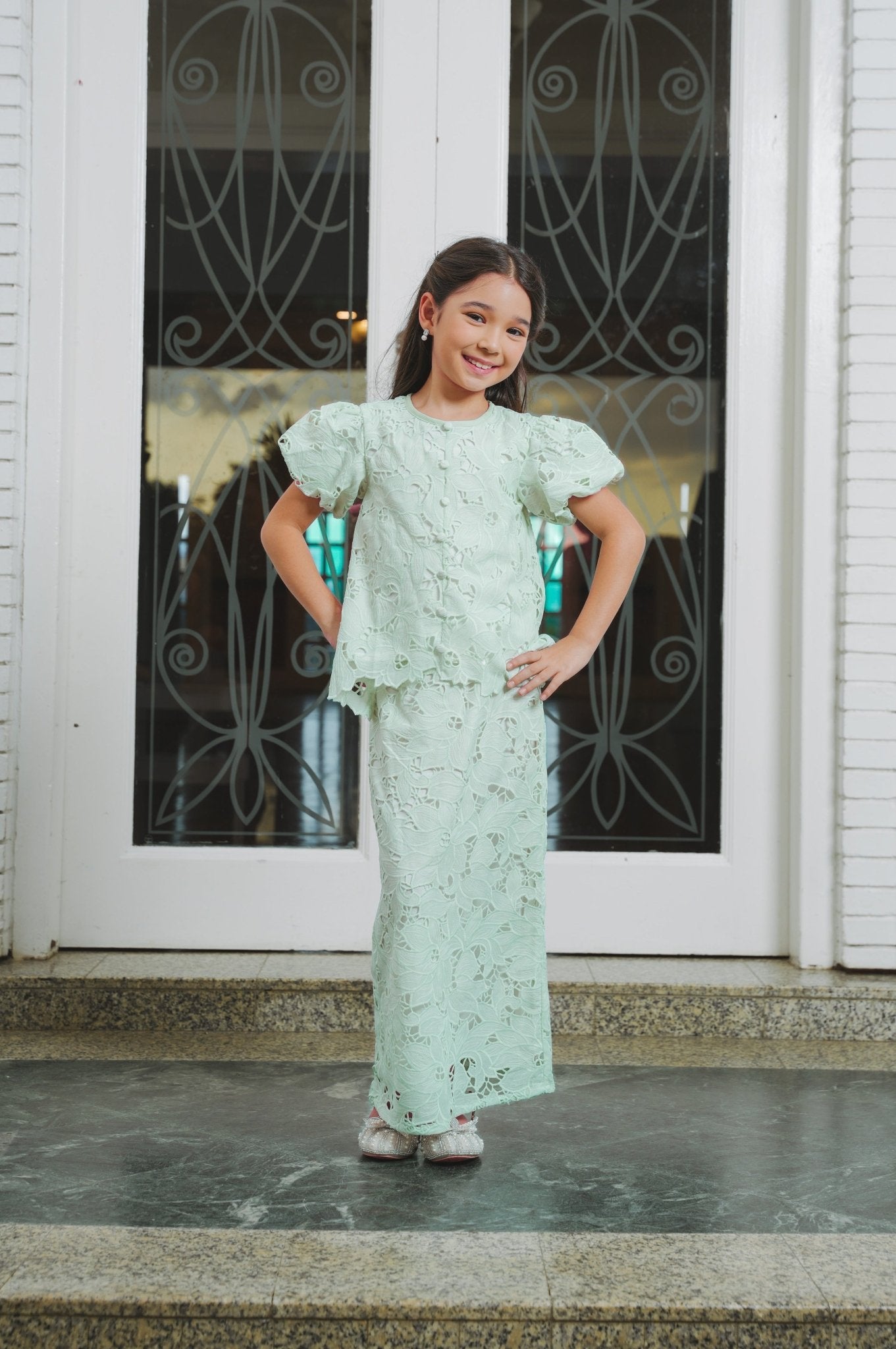 The Lumiere Collection Girl Amelia Kurung Set in Peppermint Green Lace - Umbi