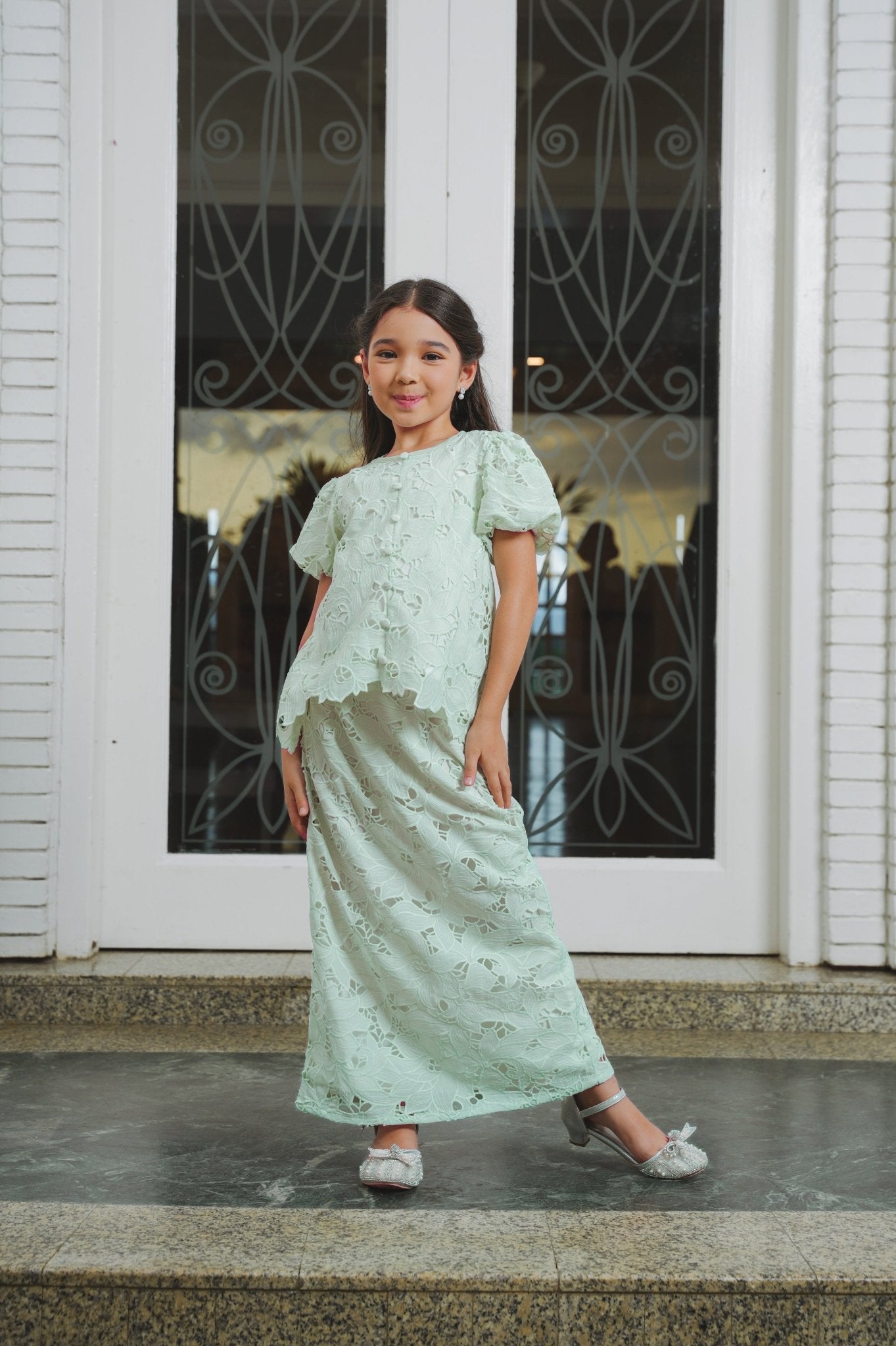 The Lumiere Collection Girl Amelia Kurung Set in Peppermint Green Lace - Umbi
