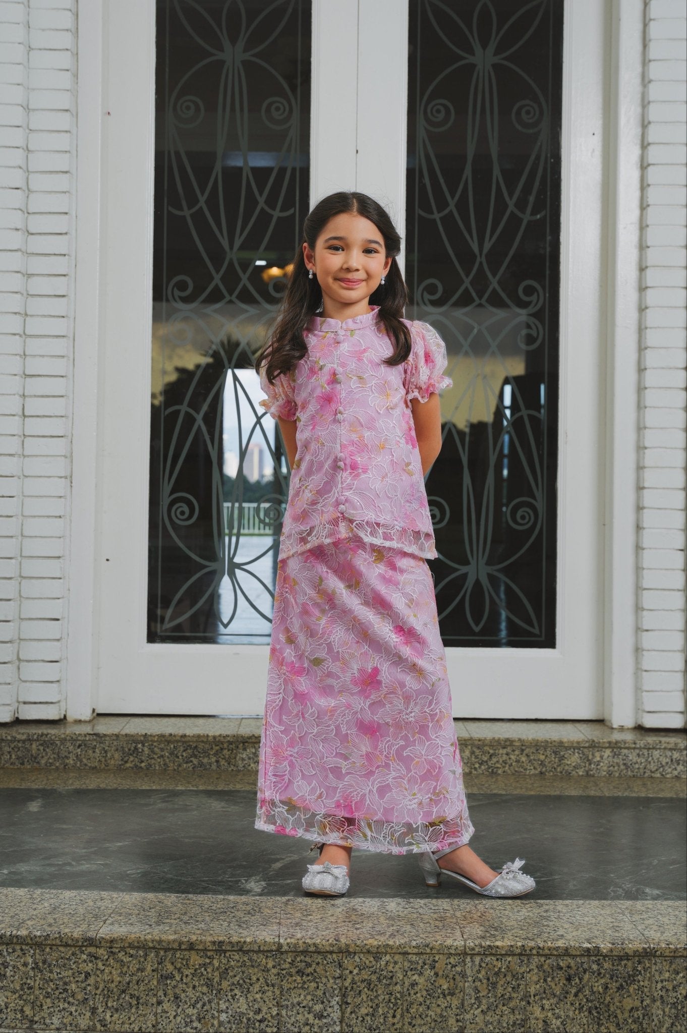 The Lumiere Collection Girl Valencia Kurung Set in Ballerina Pink Lily Lace - Umbi