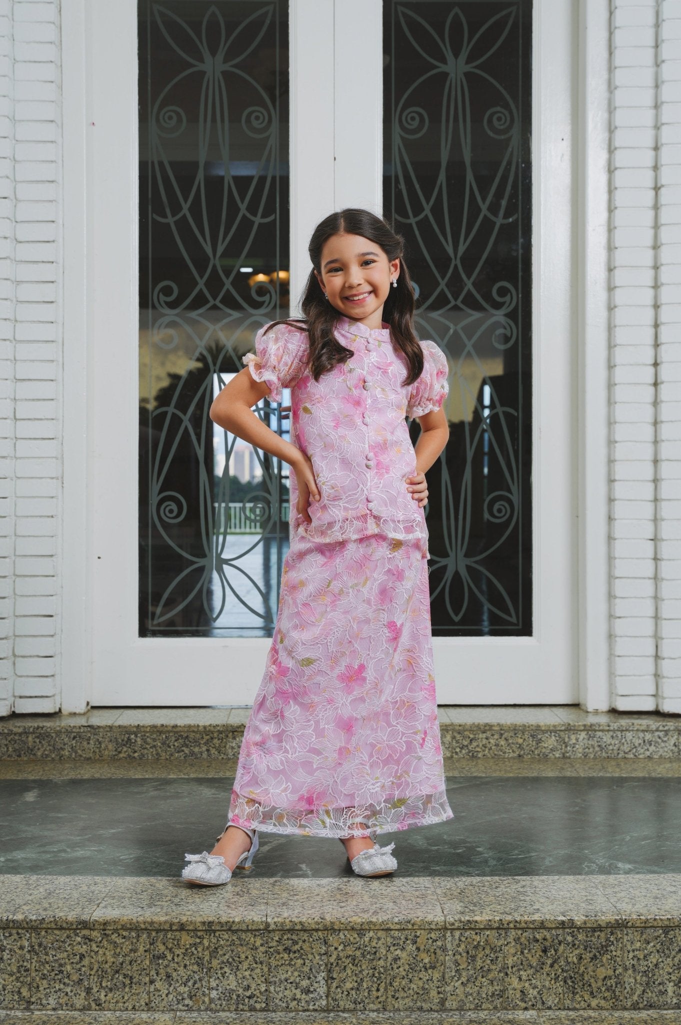 The Lumiere Collection Girl Valencia Kurung Set in Ballerina Pink Lily Lace - Umbi