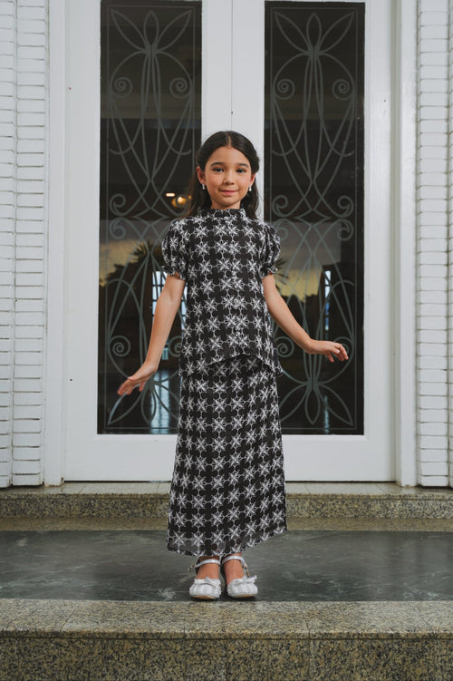 The Lumiere Collection Girl Valencia Kurung Set in Black Frost Lace