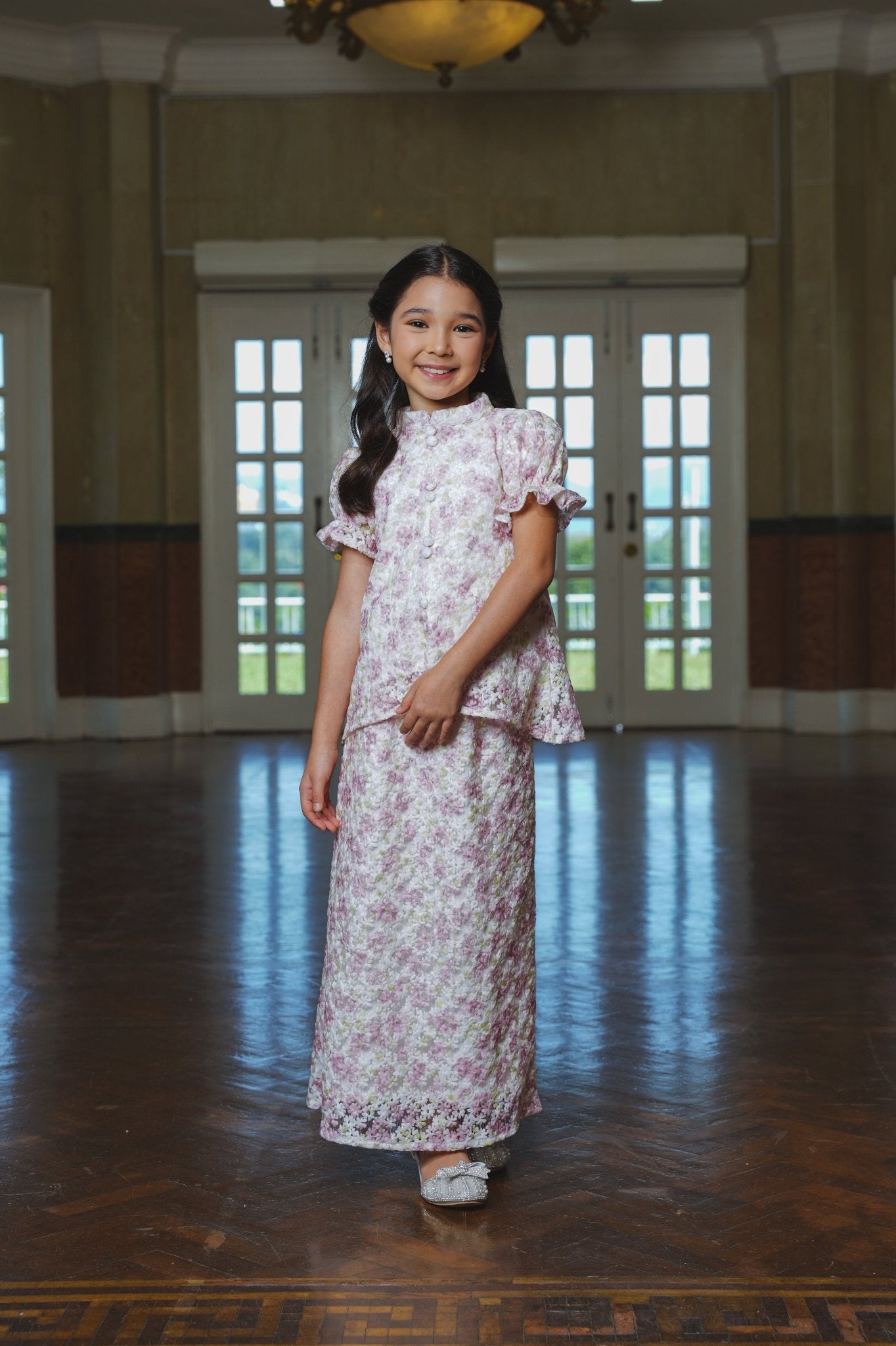 The Lumiere Collection Girl Valencia Kurung Set in Pink Garden Lace - Umbi