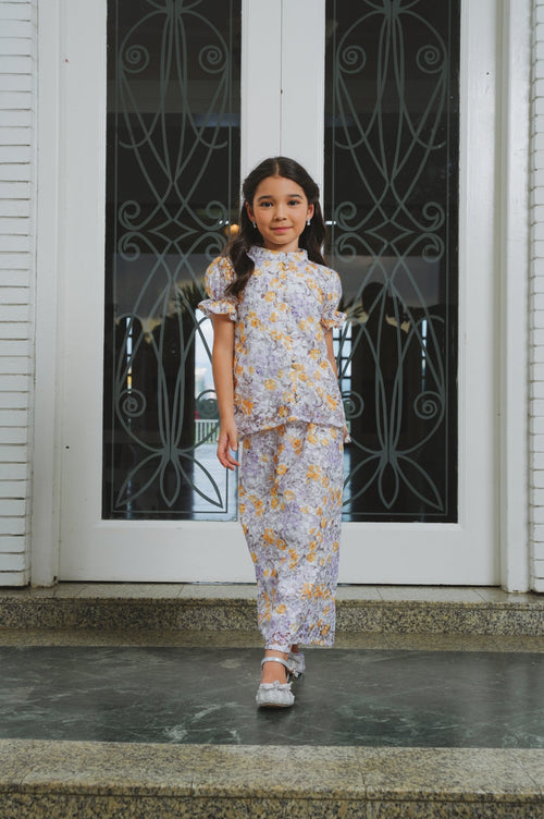 The Lumiere Collection Girl Valencia Kurung Set in Purple & Yellow Garden Lace