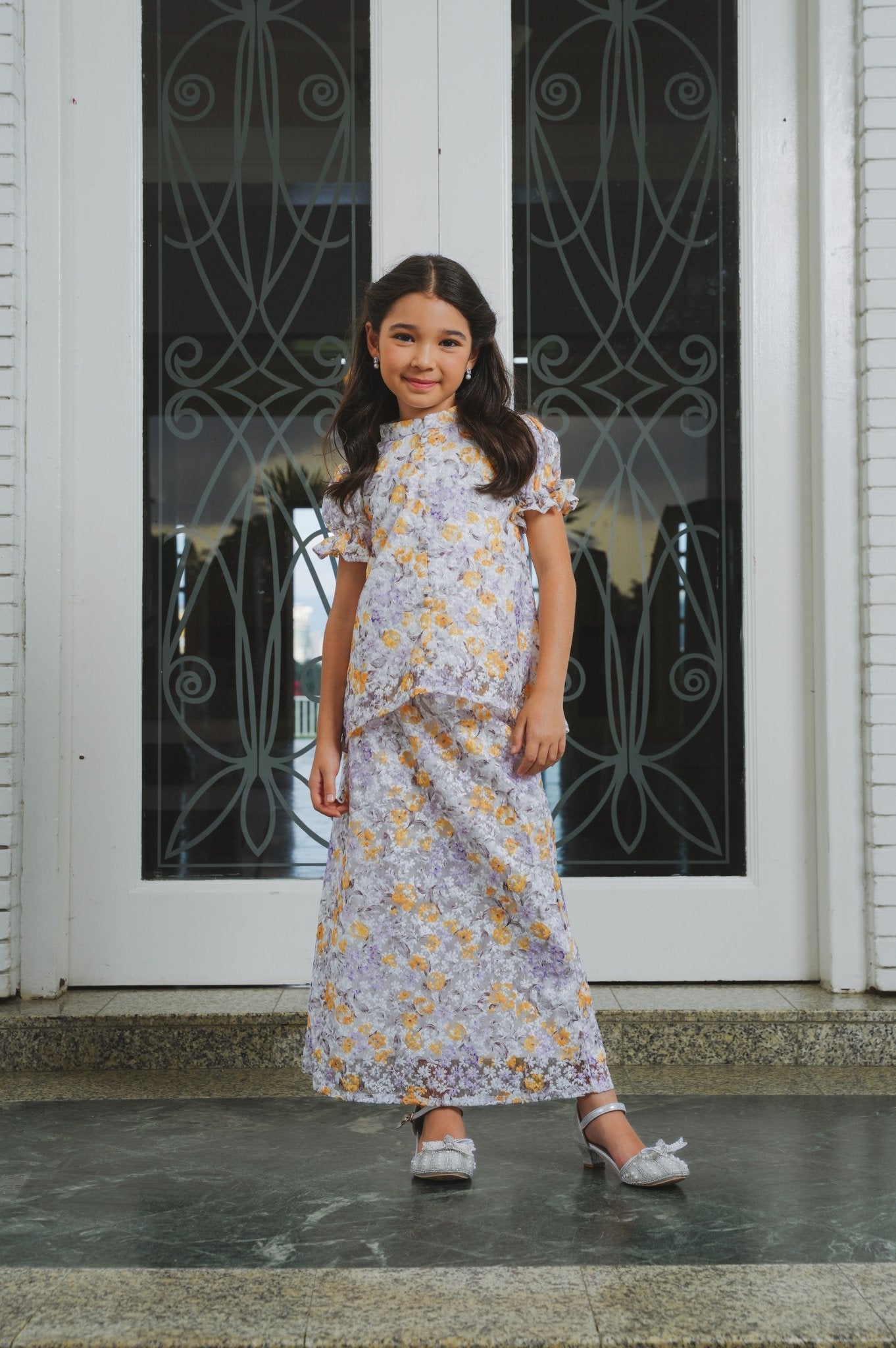 The Lumiere Collection Girl Valencia Kurung Set in Purple & Yellow Garden Lace - Umbi