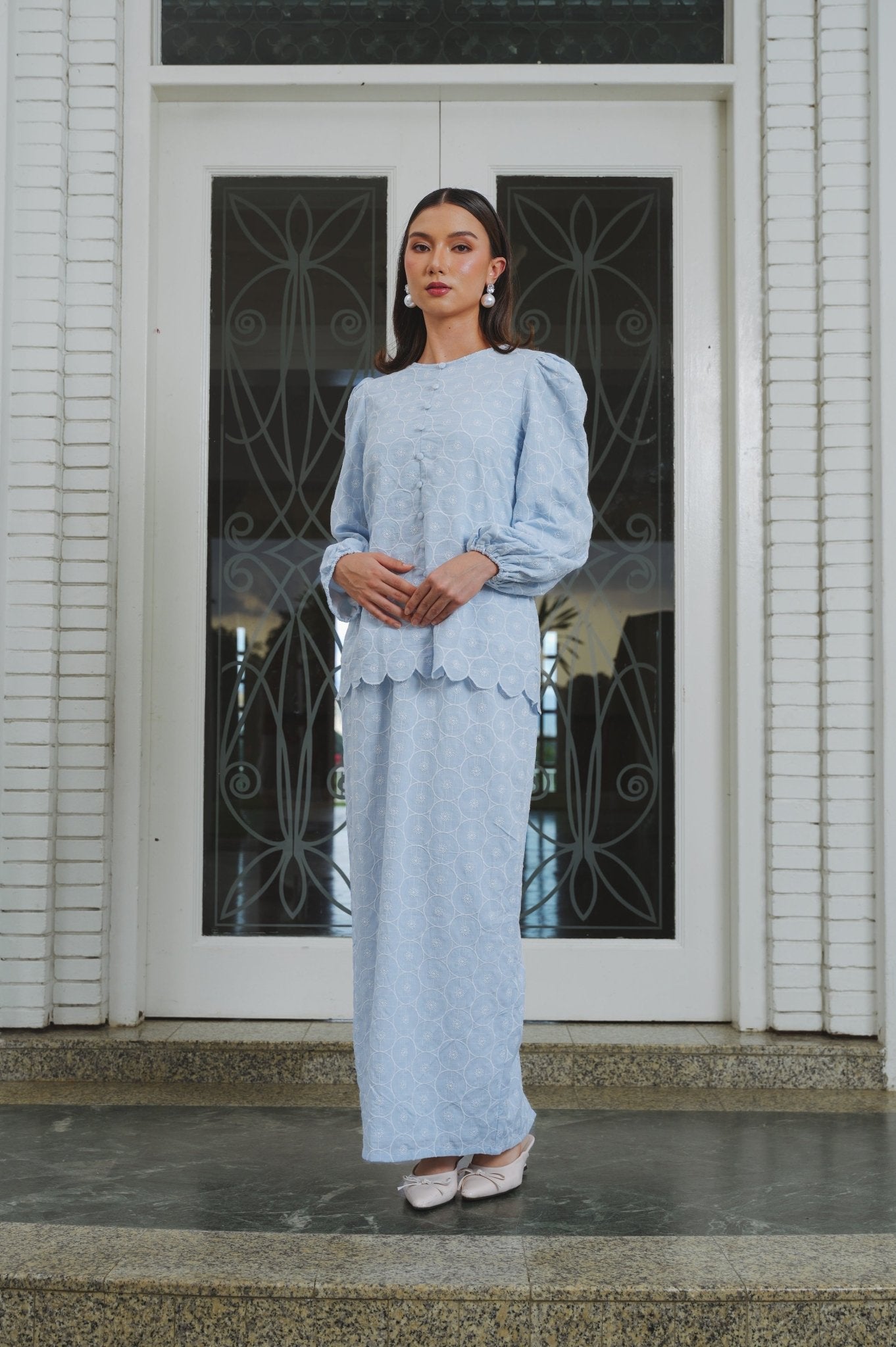 The Lumiere Collection Women Amelia Kurung Set in Powder Blue Lace - Umbi