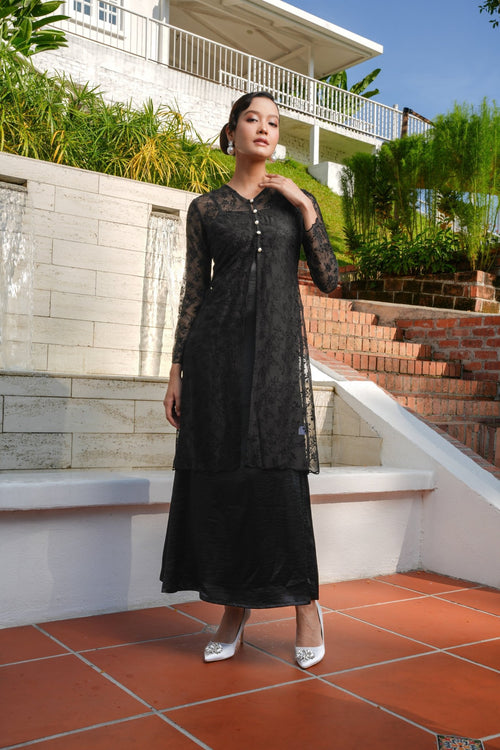 The Lumiere Collection Women Rhea Dress Set in Black Botanica Lace