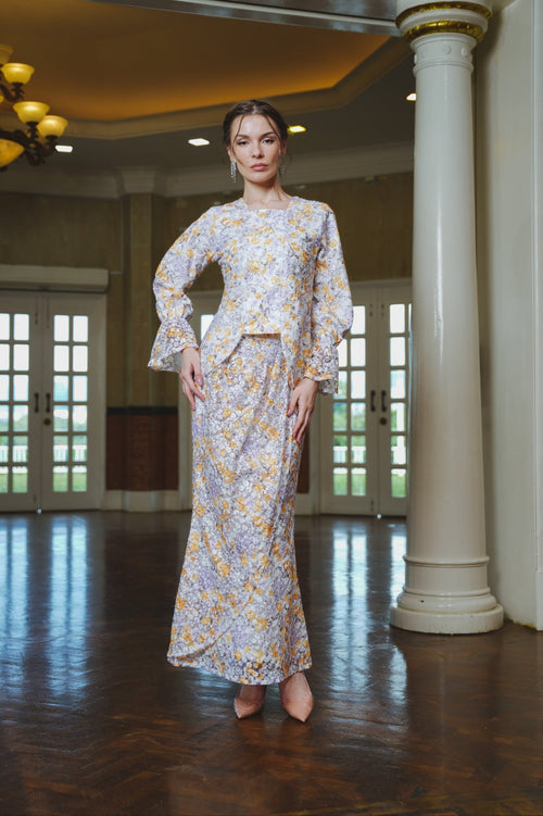 The Lumiere Collection Women Valencia Kebaya Set in Purple & Yellow Garden Lace