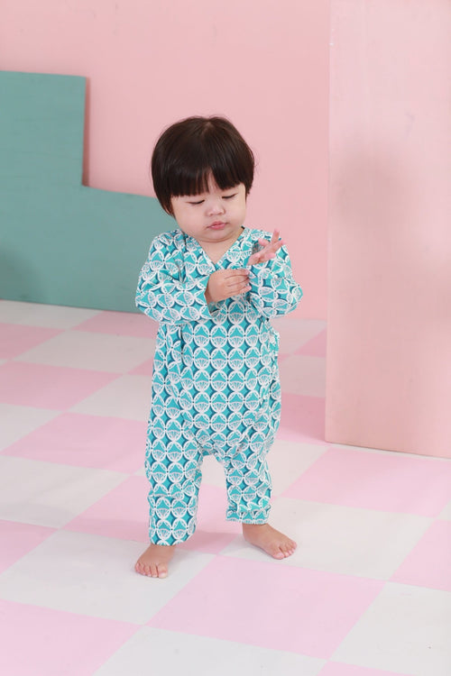 The Nikmat Collection Baby Kimono Jumpsuit Mint Drops Print