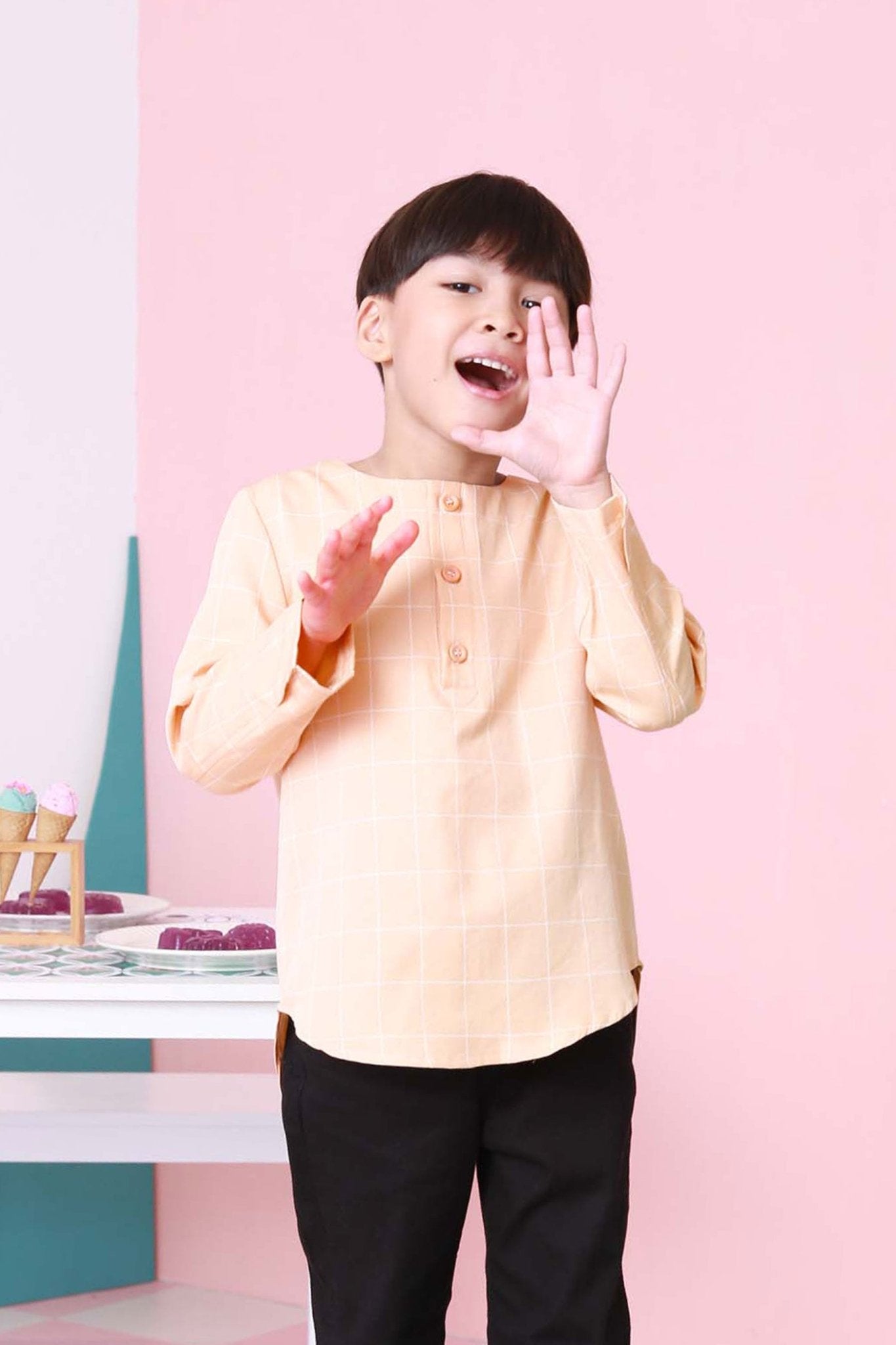 The Nikmat Collection Boy Kurta Top Checked Caramel - Umbi
