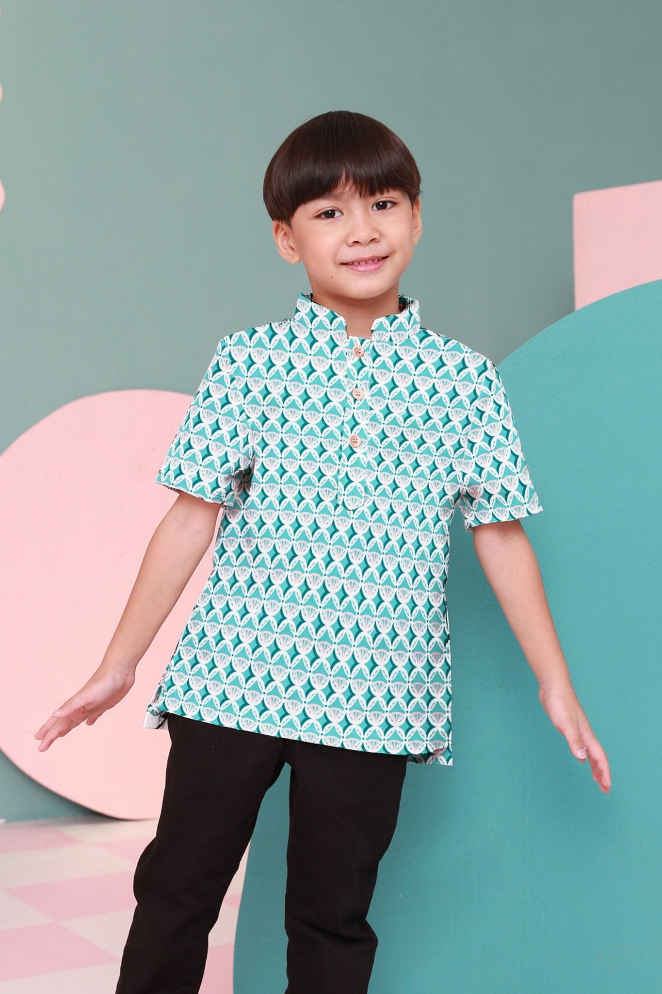 The Nikmat Collection Boy Short Sleeves Shirt Mint Drops Print - Umbi