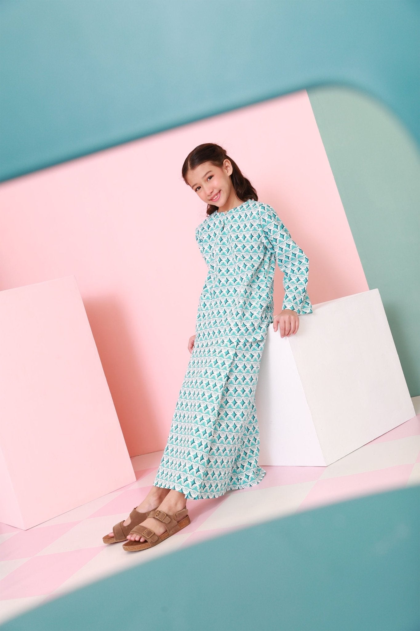 The Nikmat Collection Girl Classic Skirt Mint Drops Print - Umbi