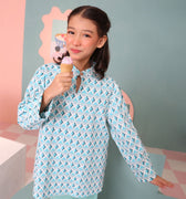 The Nikmat Collection Girl Mandarin Collar Kurung Top Mint Drops Print - Umbi