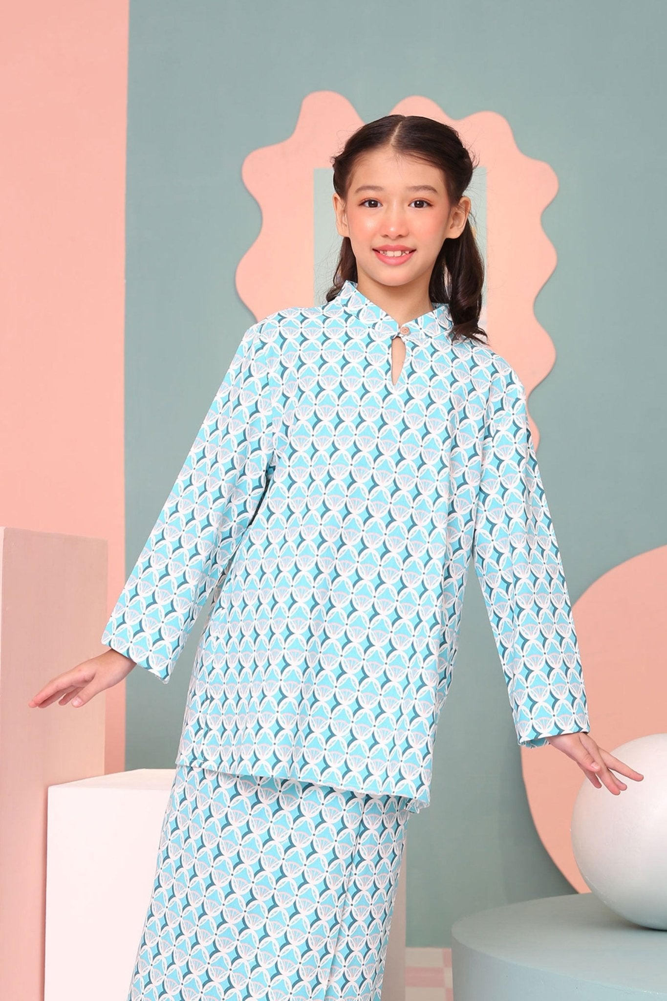 The Nikmat Collection Girl Mandarin Collar Kurung Top Mint Drops Print - Umbi