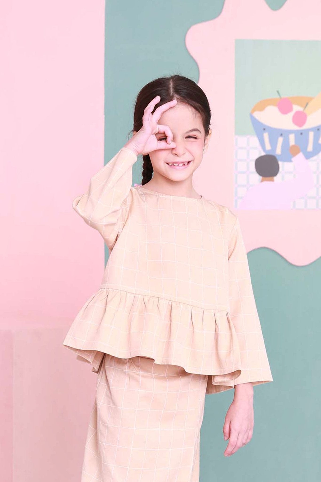 The Nikmat Collection Girl Petit Ruffle Blouse Checked Caramel - Umbi