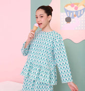 The Nikmat Collection Girl Petit Ruffle Blouse Mint Drops Print - Umbi