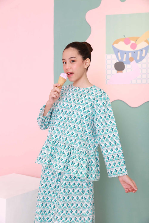The Nikmat Collection Girl Petit Ruffle Blouse Mint Drops Print