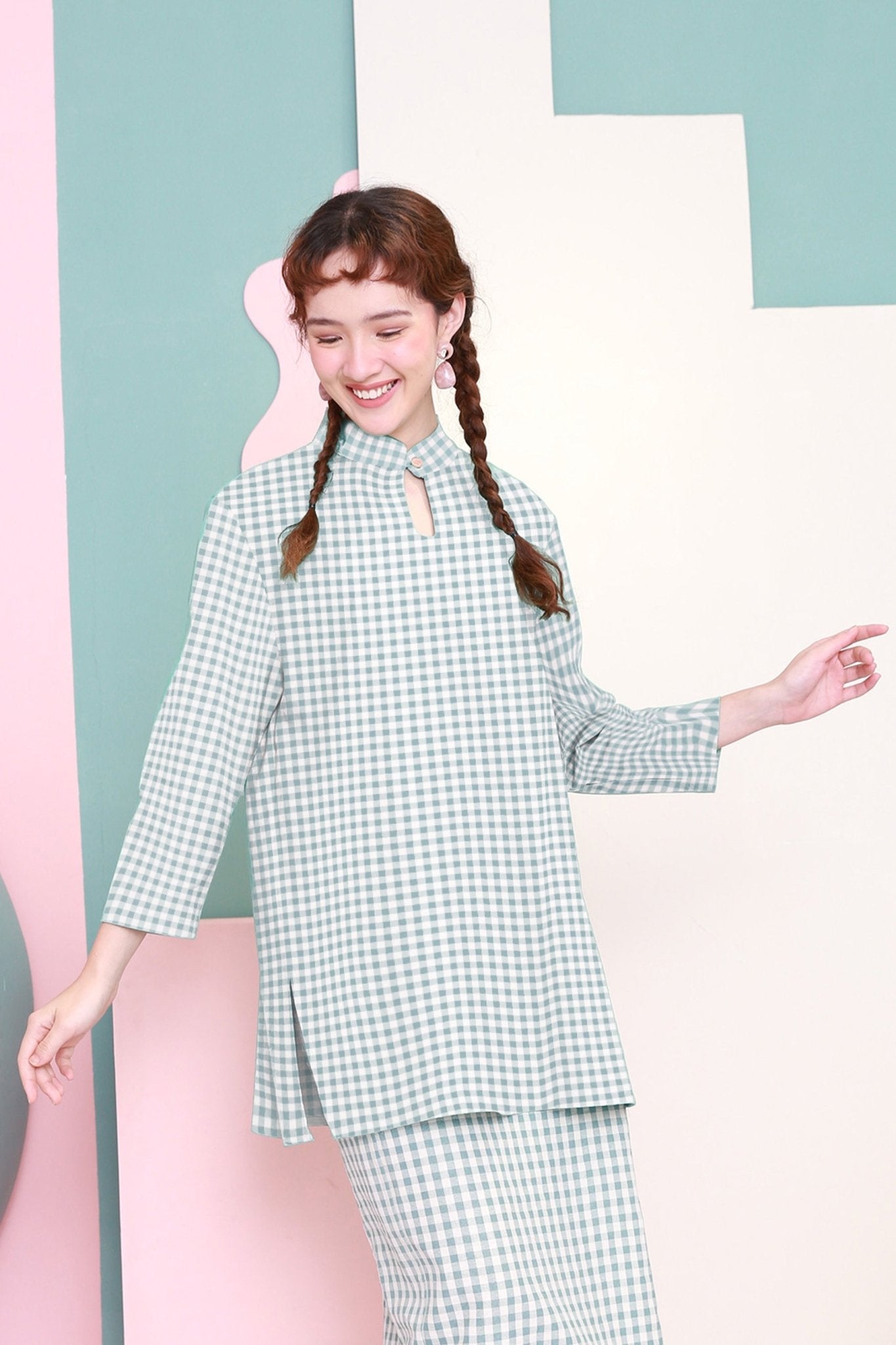 The Nikmat Collection Women Mandarin Collar Kurung Blouse Checked Tiffany - Umbi