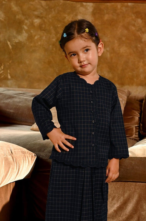 The Nusantara Collection Girl Kebaya Top with Embroidery Checked Black