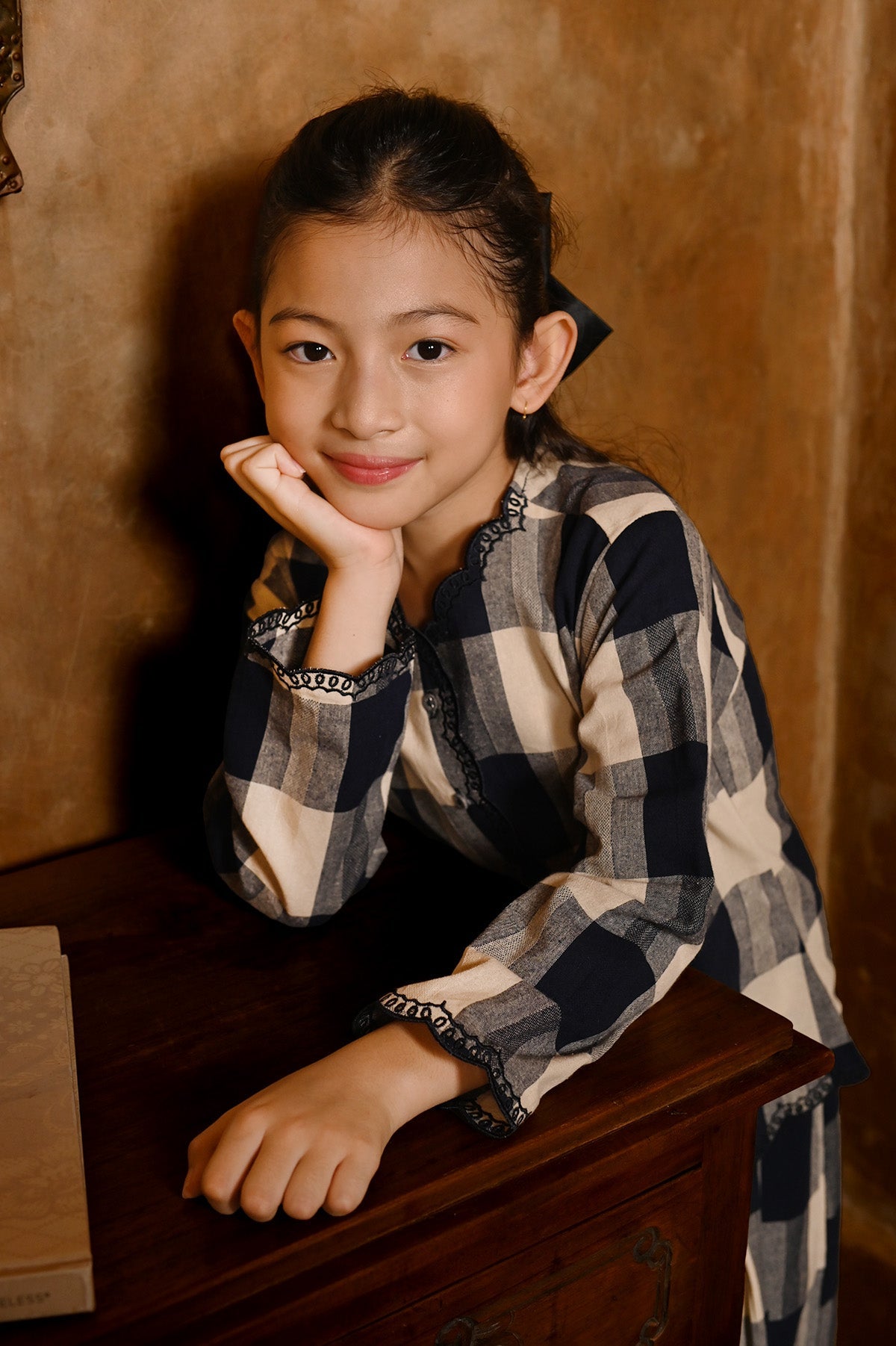 The Nusantara Collection Girl Kebaya Top with Embroidery Checked Navy - Umbi