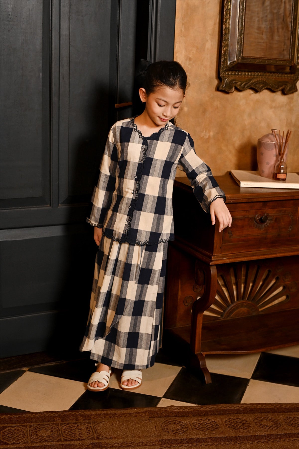 The Nusantara Collection Girl Kebaya Top with Embroidery Checked Navy - Umbi