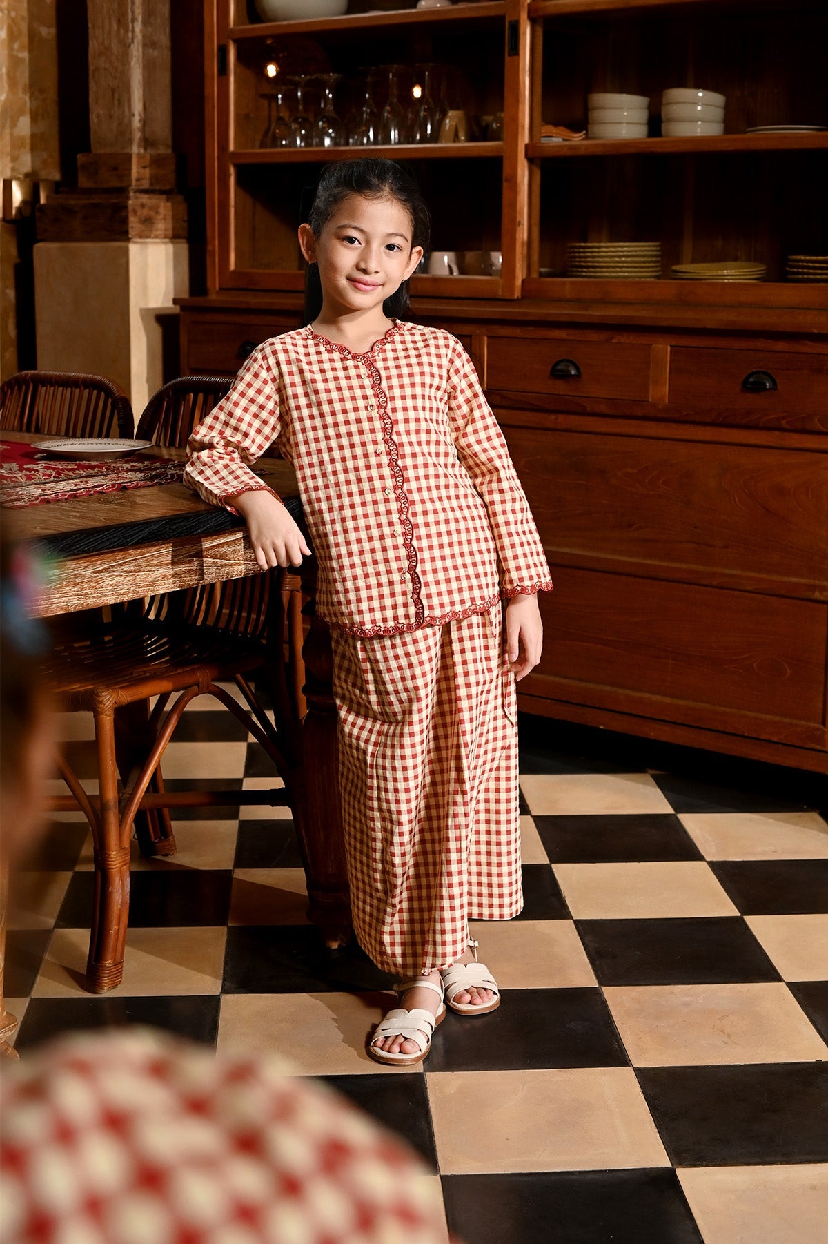 The Nusantara Collection Girl Kebaya Top with Embroidery Checked Red - Umbi