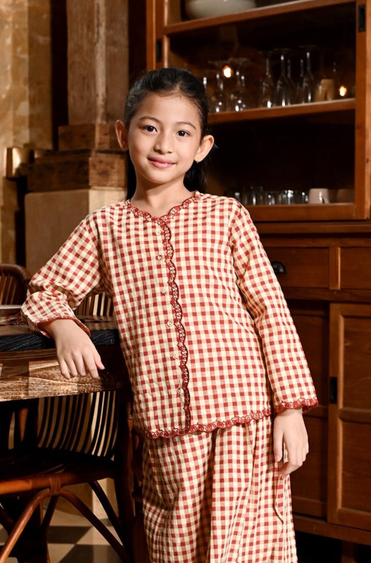 The Nusantara Collection Girl Kebaya Top with Embroidery Checked Red - Umbi