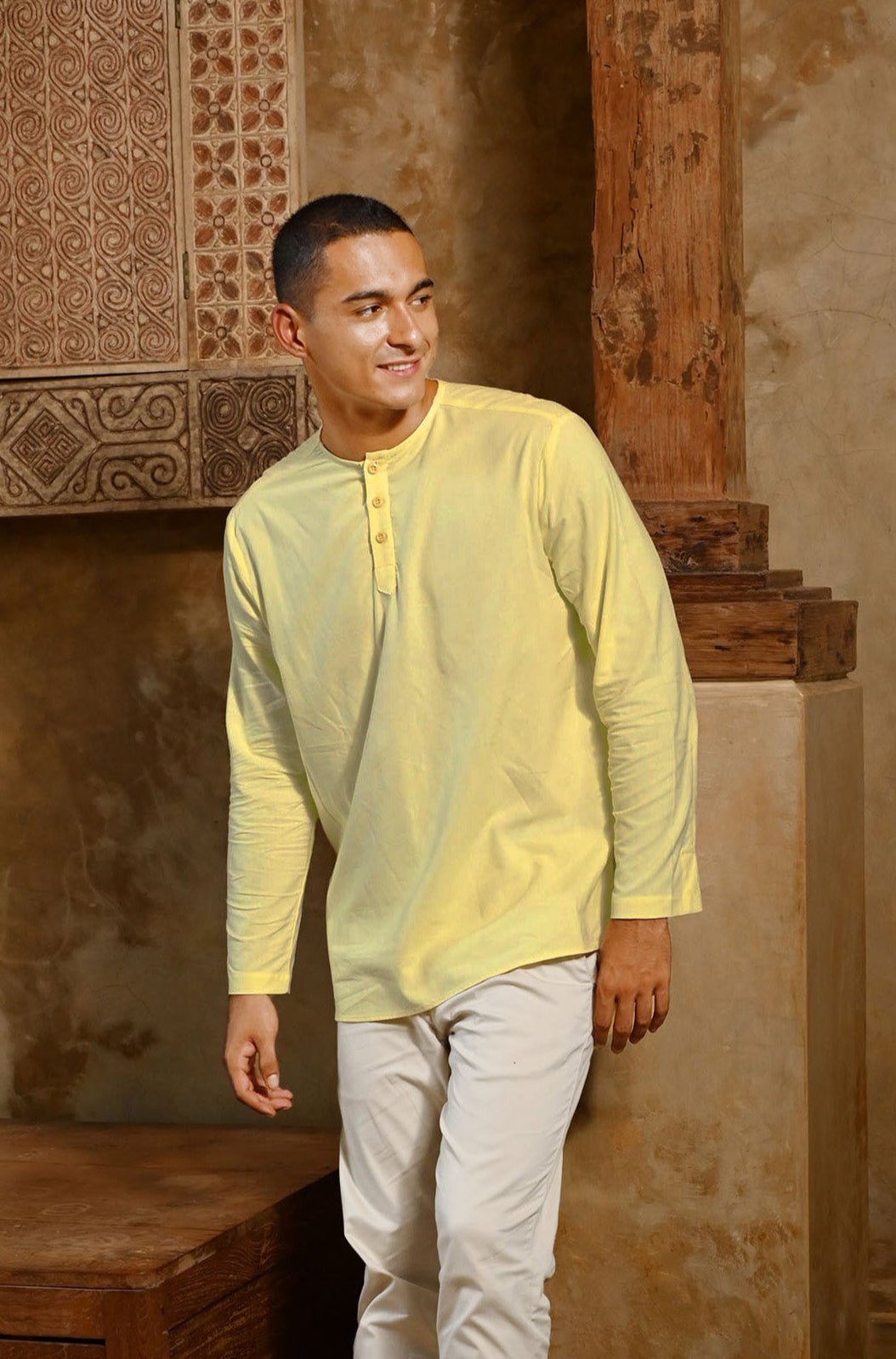 The Nusantara Collection Men Long Sleeve Kurta Butter Yellow - Umbi