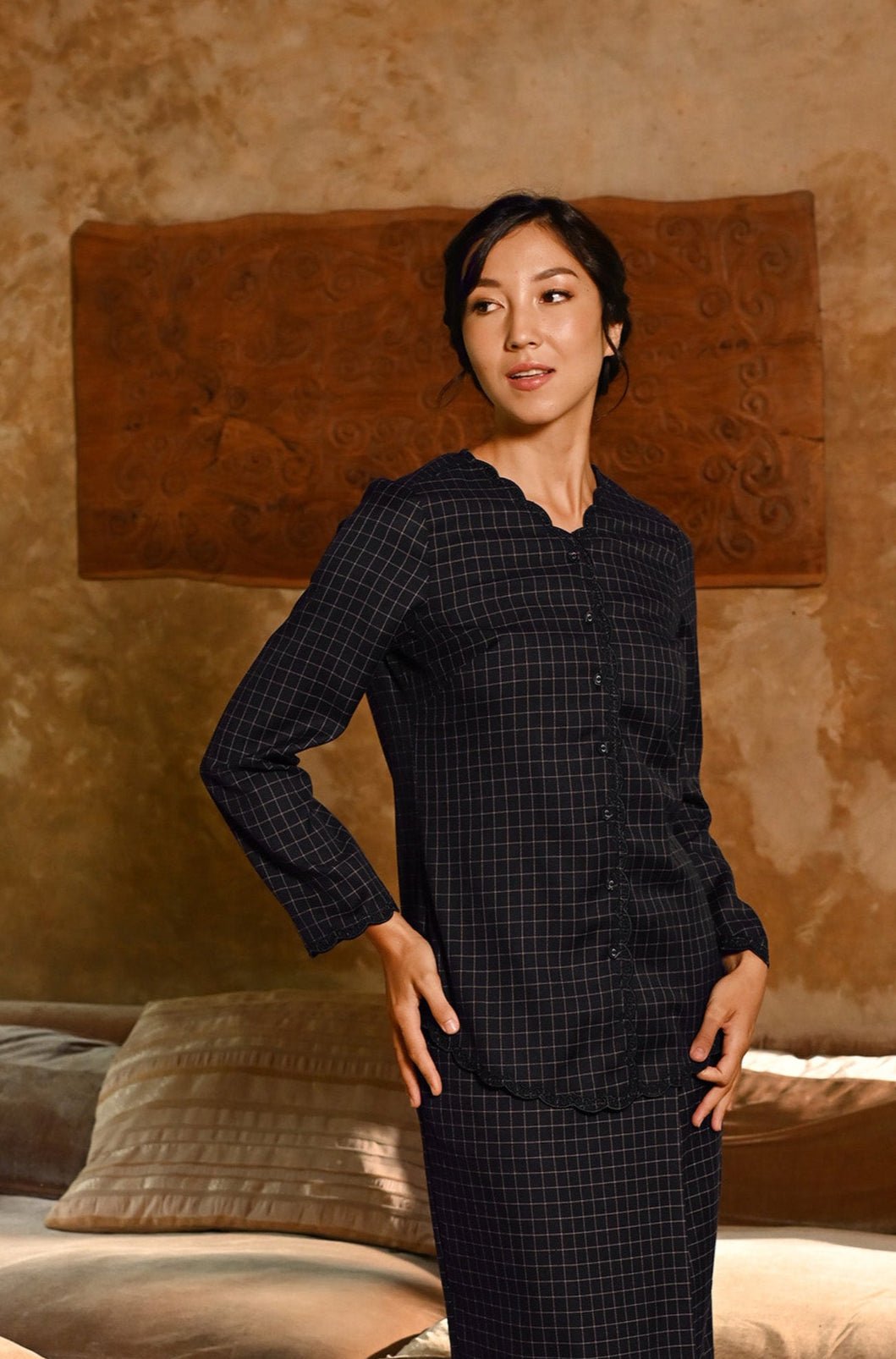 The Nusantara Collection Women Kebaya Top with Embroidery Checked Black - Umbi