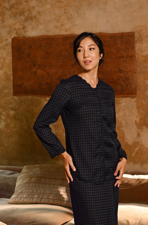 The Nusantara Collection Women Kebaya Top with Embroidery Checked Black
