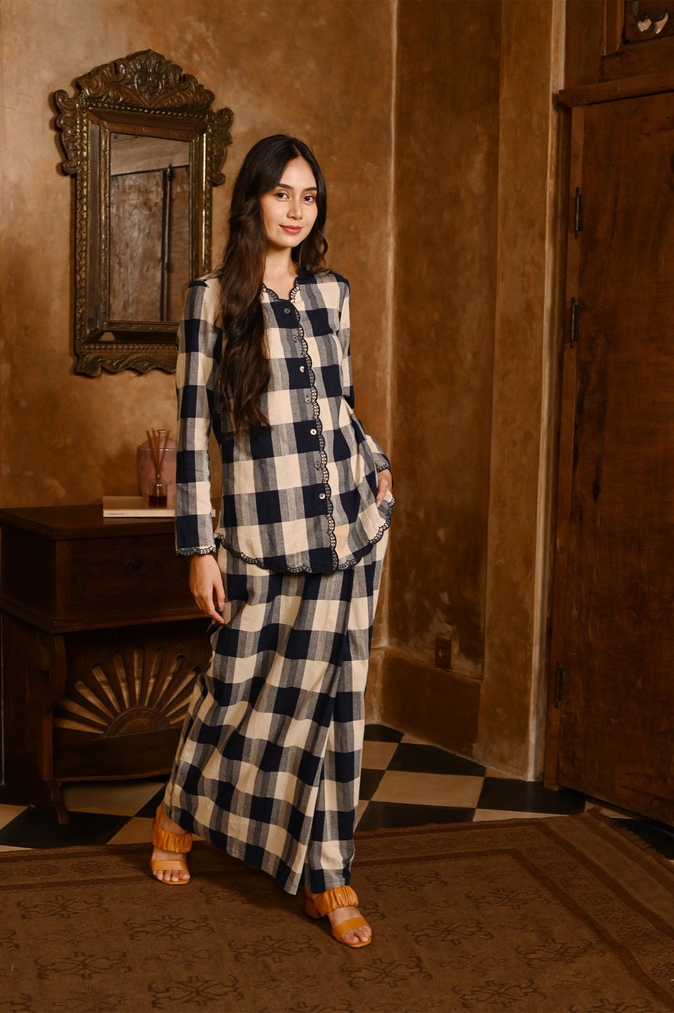 The Nusantara Collection Women Kebaya Top with Embroidery Checked Navy - Umbi