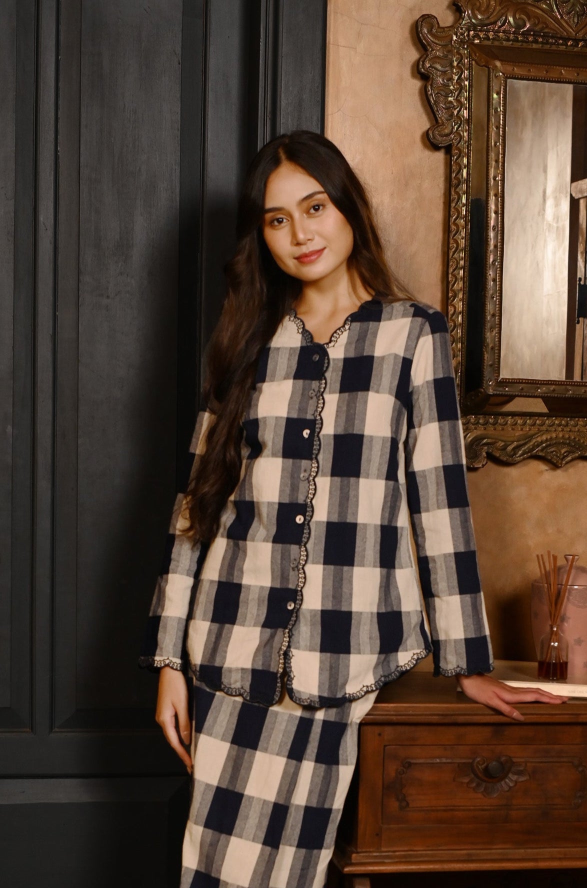 The Nusantara Collection Women Kebaya Top with Embroidery Checked Navy - Umbi