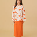 girl standing pose in desert print kurung top with scallop embroidery