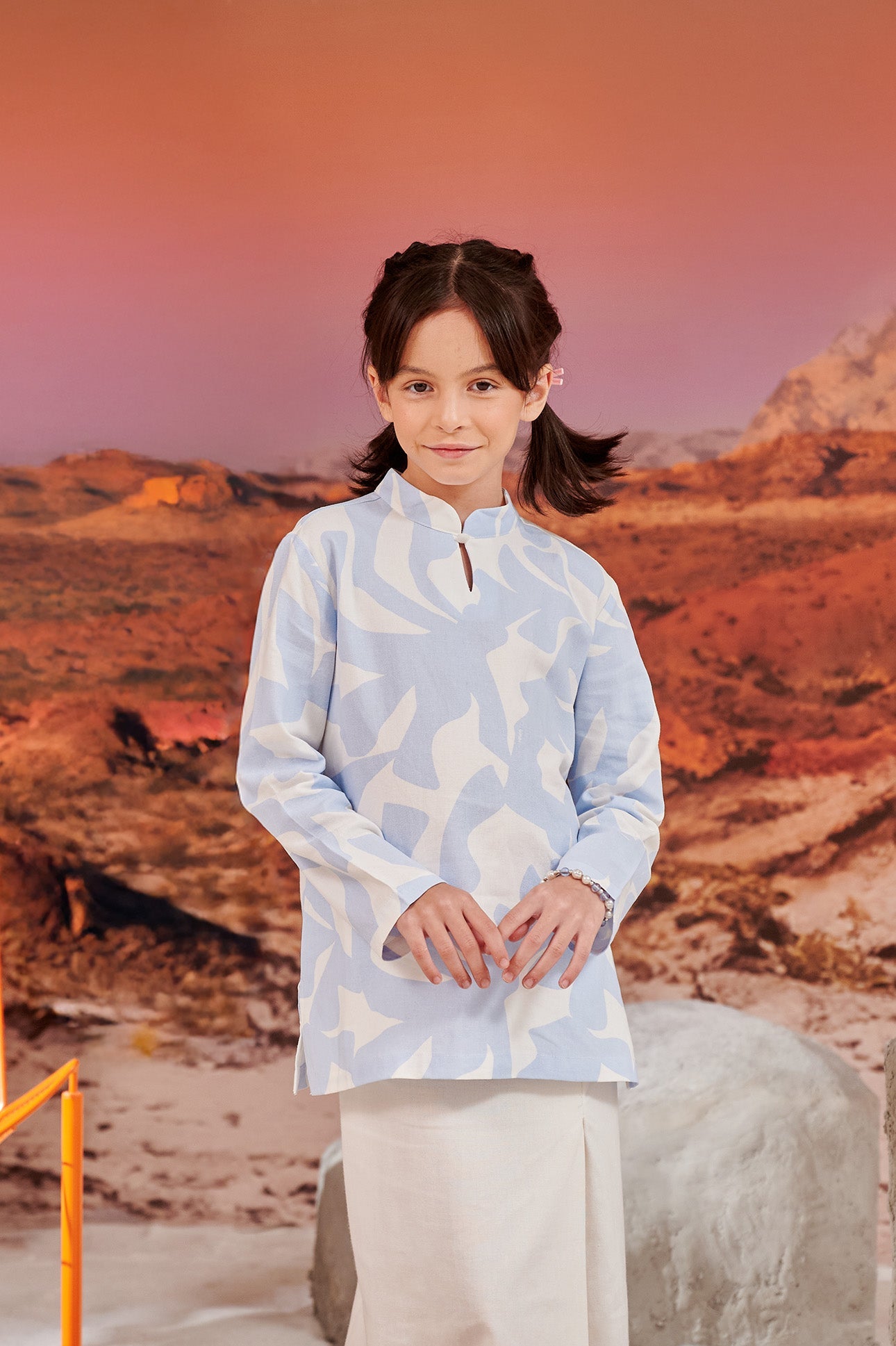 The Oasis Girl Mandarin Collar Kurung Top Mirage Print - Umbi