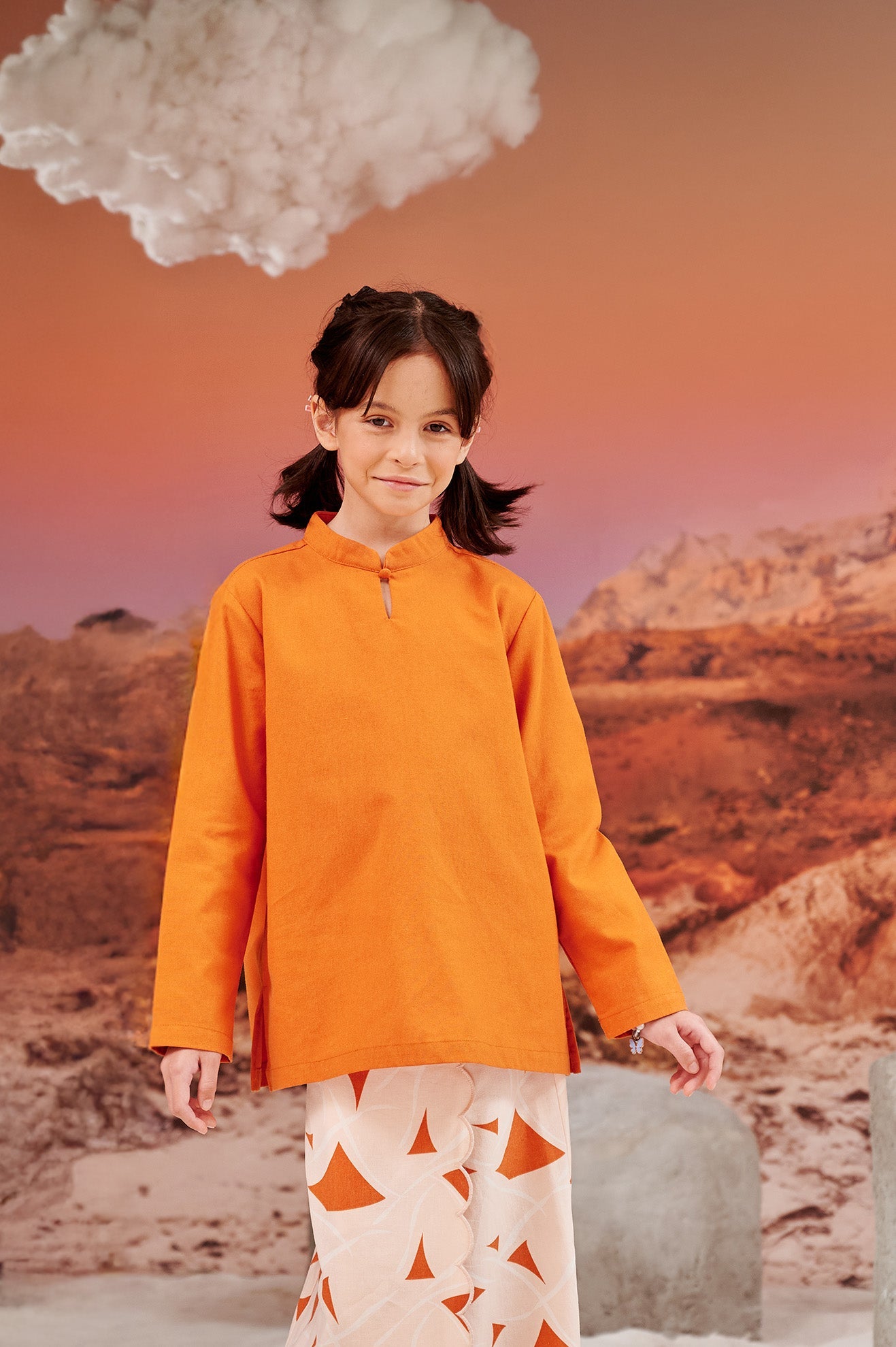 The Oasis Girl Mandarin Collar Kurung Top Orange - Umbi