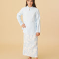 girl with hand on hip posing in mandarin collar kurung sky blue