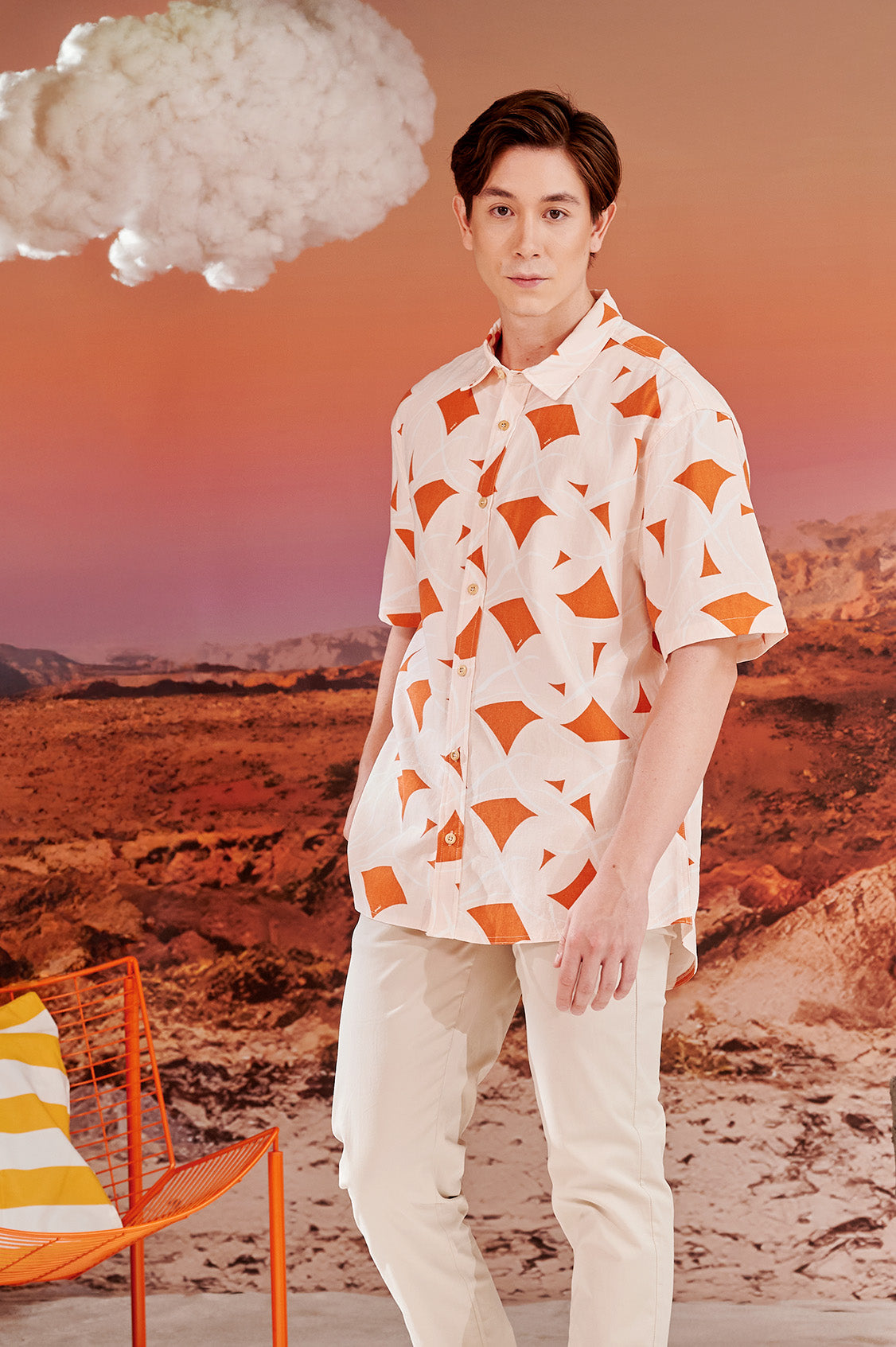 close shot of man in desert print holiday shirt