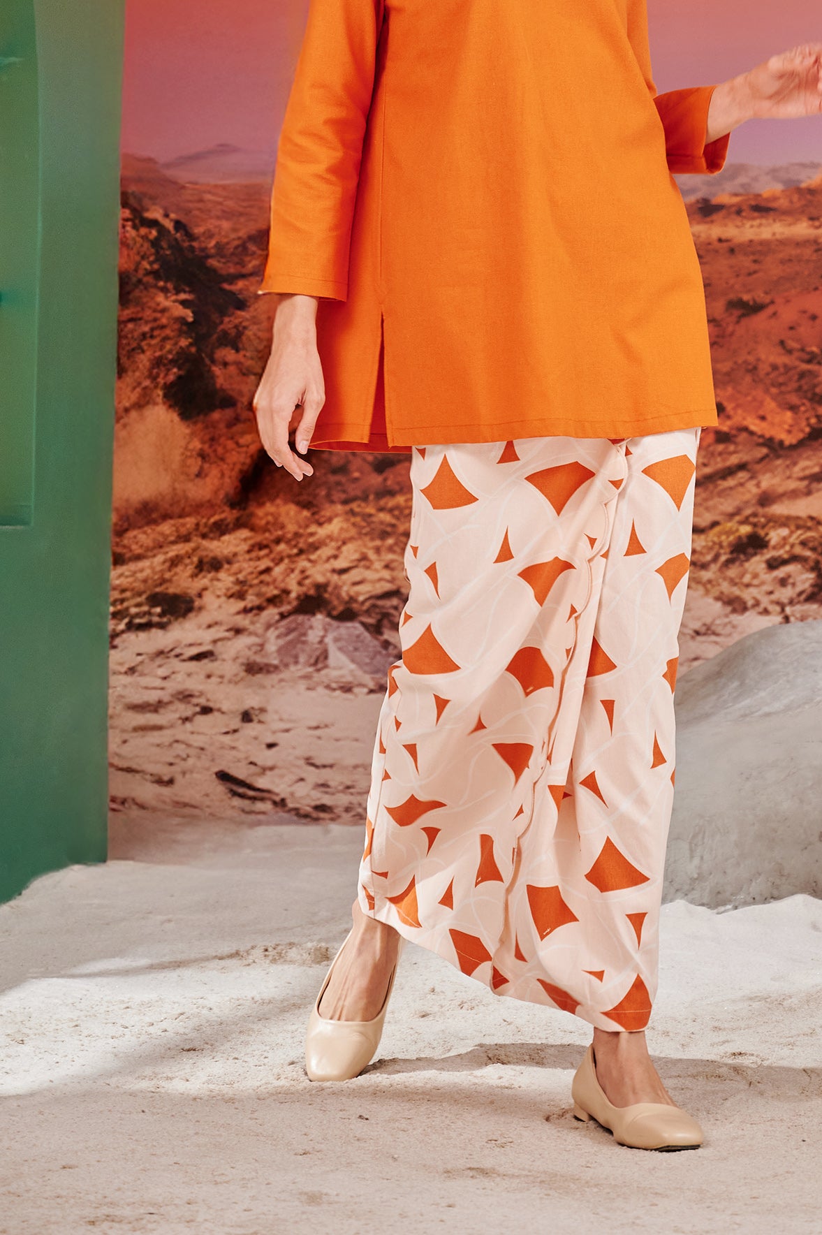 close shot of desert print classic skirt with scallop embroidery