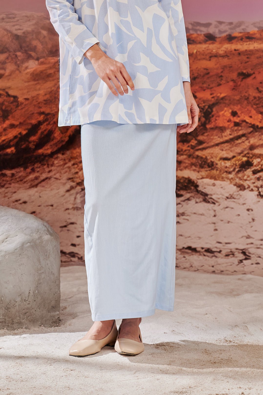 The Oasis Women Column Skirt with Back Pleats Sky Blue - Umbi