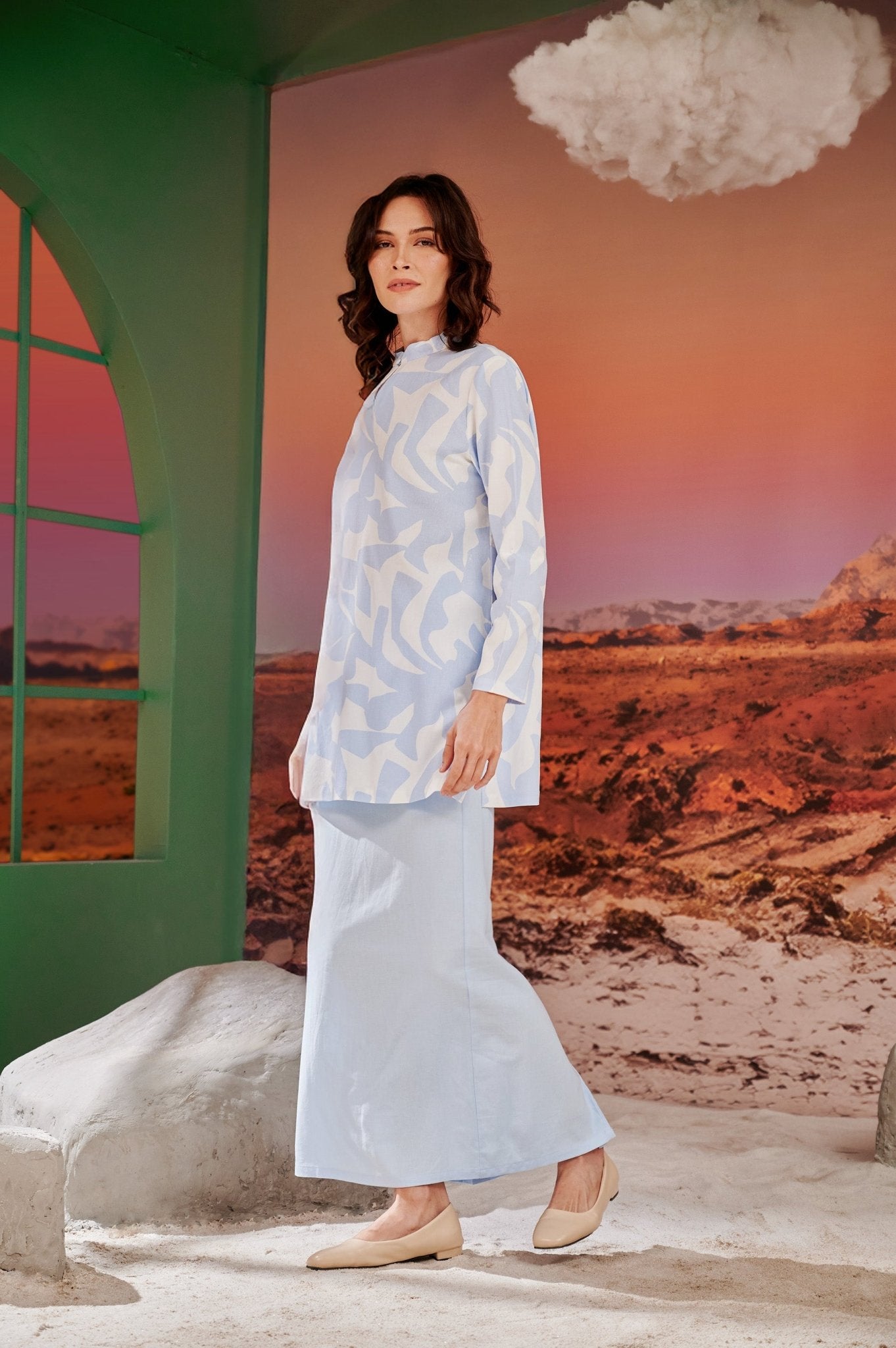 The Oasis Women Column Skirt with Back Pleats Sky Blue - Umbi