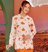 The Oasis Women Kurung Top with Scallop Embroidery Desert Print - Umbi