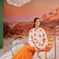 The Oasis Women Kurung Top with Scallop Embroidery Desert Print - Umbi