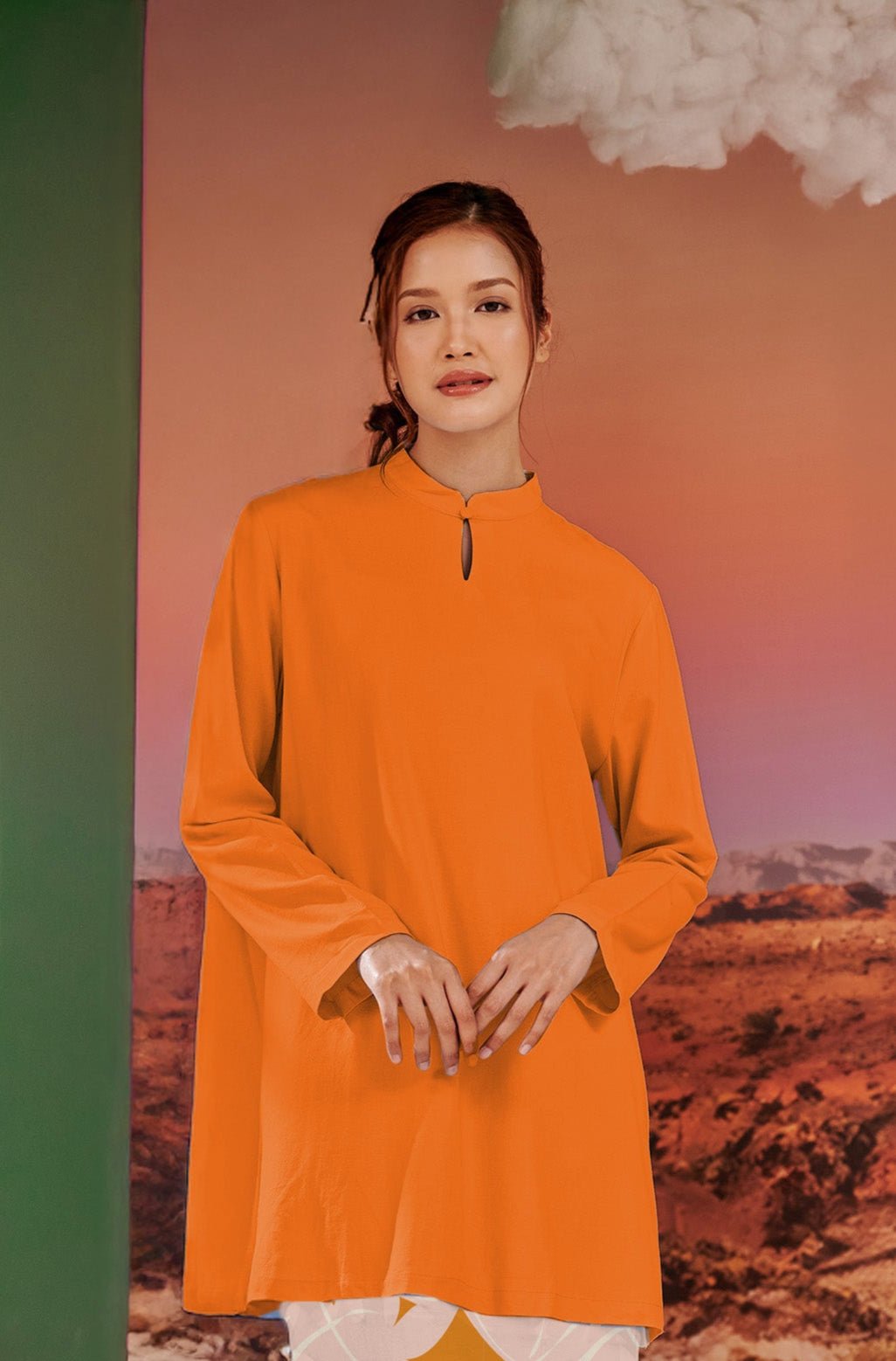 The Oasis Women Mandarin Collar Kurung Top Orange - Umbi