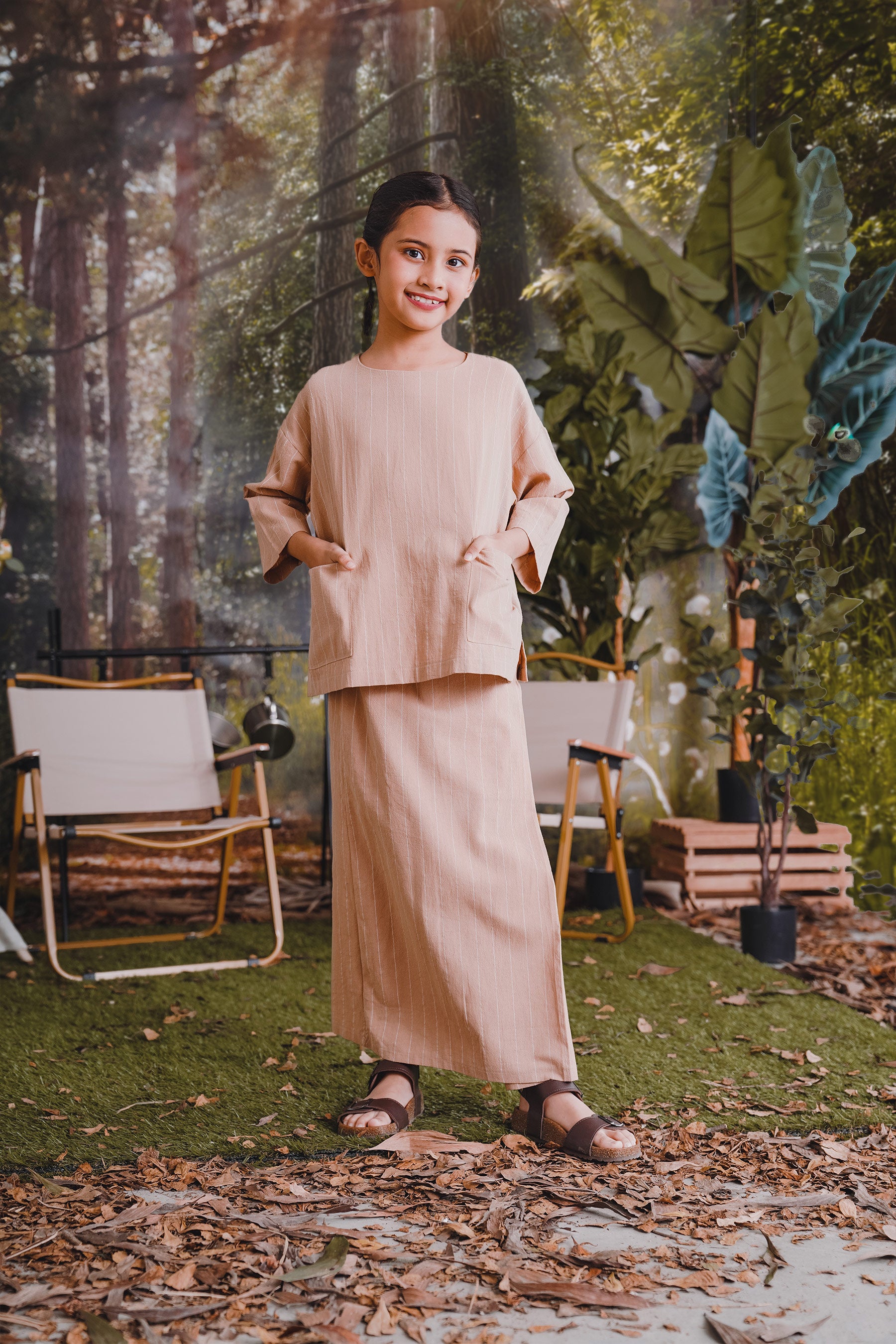 The Rimba Raya Girl Pair Pockets Boxy Blouse Caramel Stripes