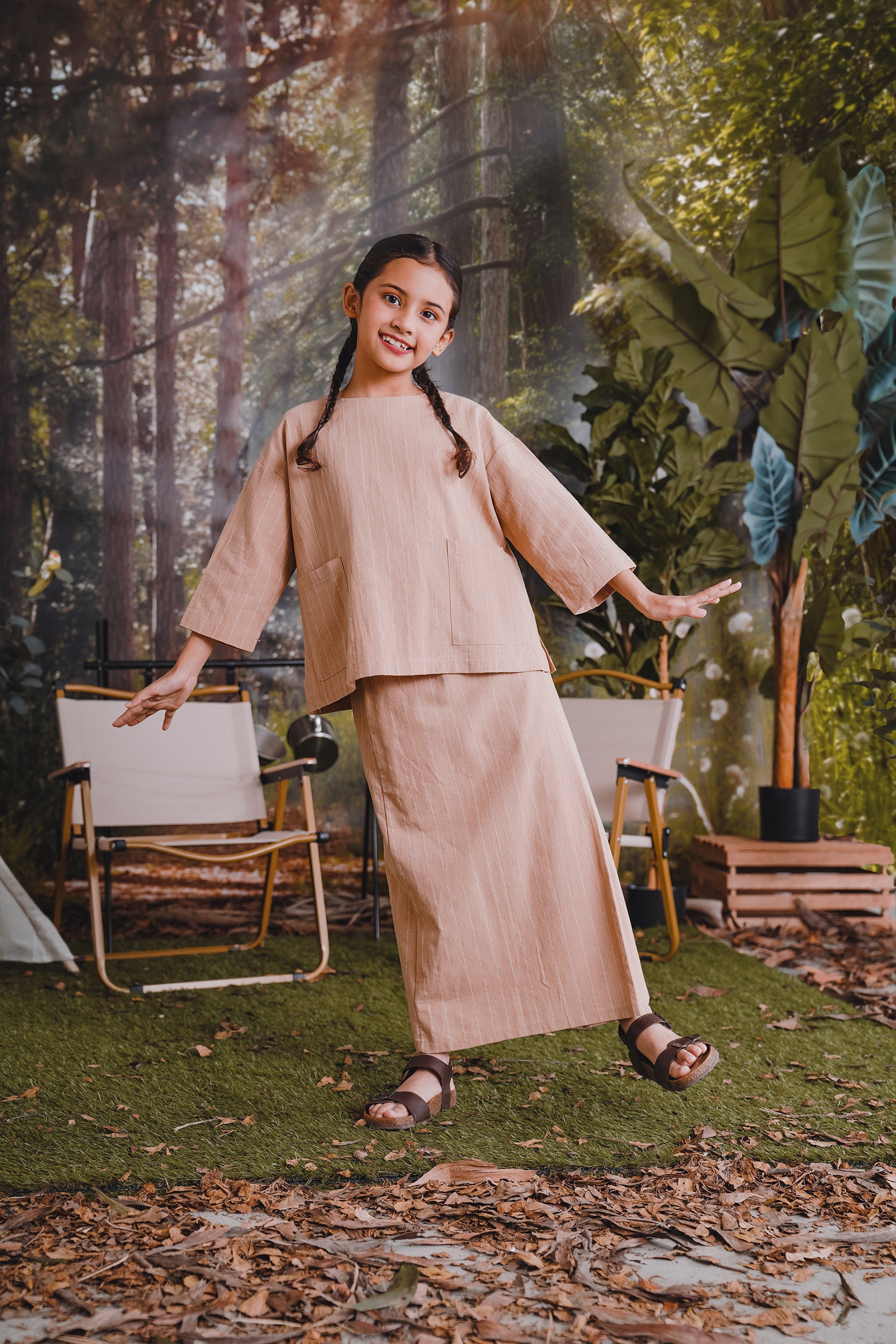 The Rimba Raya Girl Pair Pockets Boxy Blouse Caramel Stripes