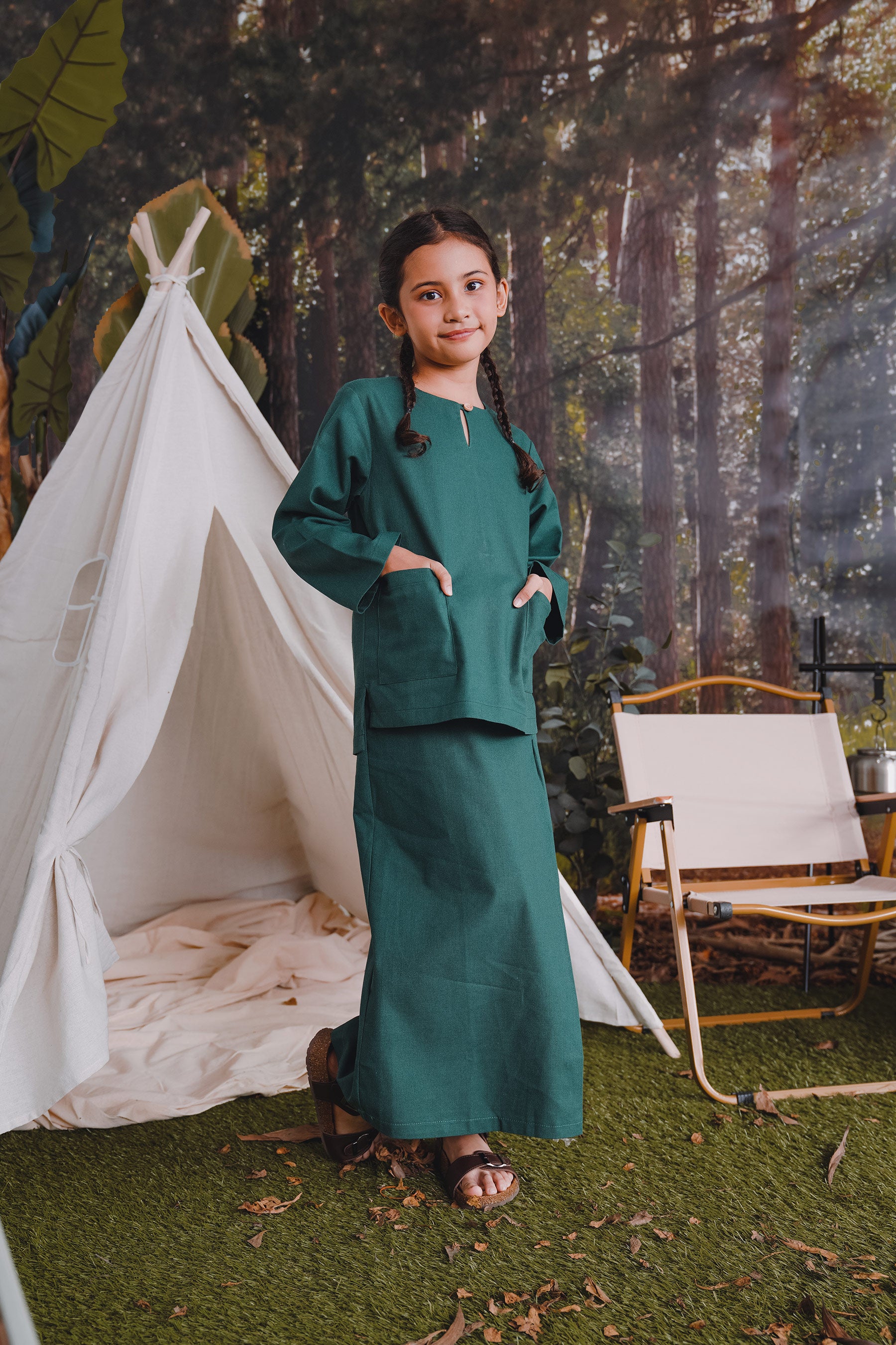 The Rimba Raya Girl Kurung Top Dark Green