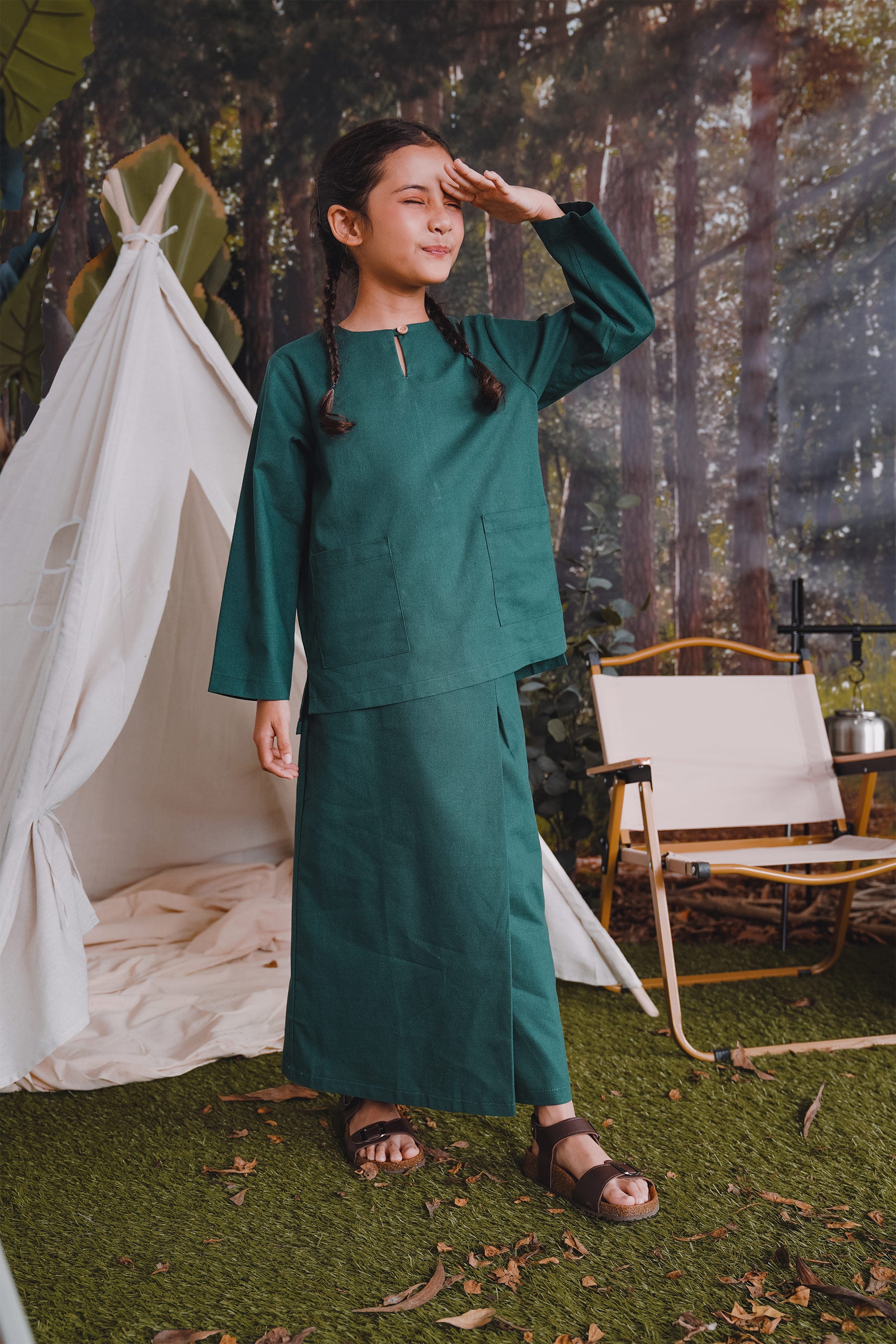 The Rimba Raya Girl Kurung Top Dark Green